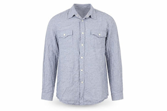 Front view of Mossimo men’s blue button-up, size L