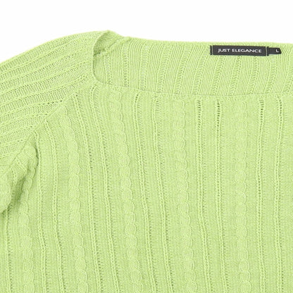 Close-up detail of Just Elegance women’s green jumper, size L
