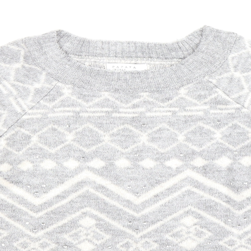 Papaya Womens Grey Geometric Knit Pullover Jumper Size S