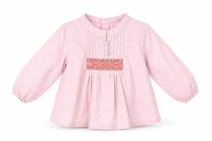 Front view of Mothercare girls’ pink basic blouse, size 9-12, months