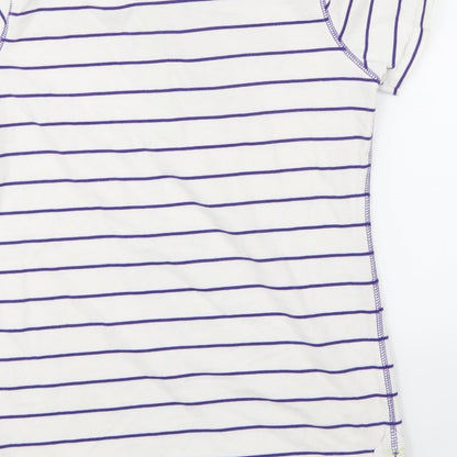 Brand and care label for Marks & Spencer women’s white striped basic t-shirt, size UK 10