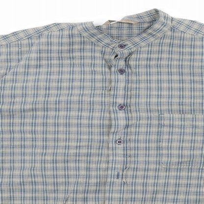 Close-up detail of Stone River men’s blue check button-up, size XL