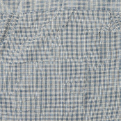 Brand and care label for Stone River men’s blue check button-up, size XL