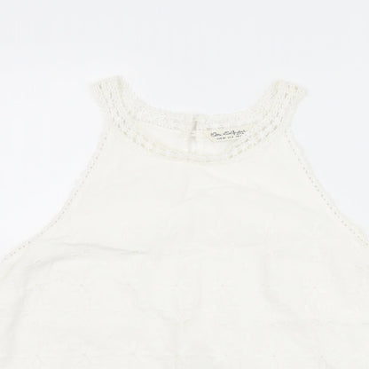 Close-up detail of Miss Selfridge women’s white basic tank, size UK 12