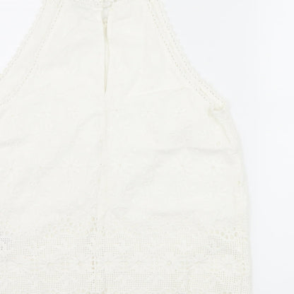 Brand and care label for Miss Selfridge women’s white basic tank, size UK 12