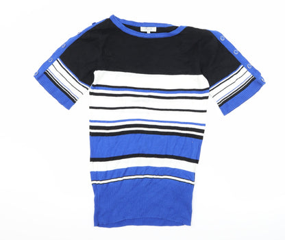 Additional front view of Peacocks women’s blue striped basic t-shirt, size UK 8