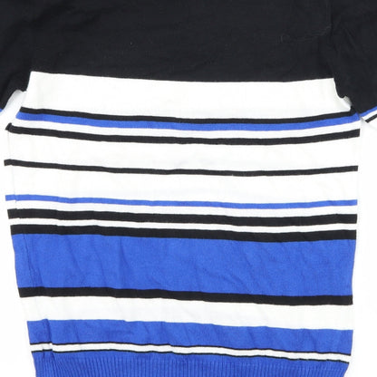 Brand and care label for Peacocks women’s blue striped basic t-shirt, size UK 8