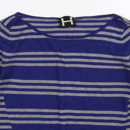 Close-up detail of Bordeaux women’s blue striped knit jumper, size XS