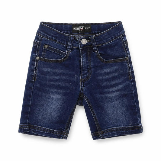 Front view of moose gear boys’ blue denim chino shorts, size 2, years