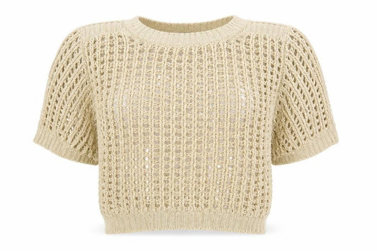 Front view of Et Vous women’s beige knit jumper, size UK 16