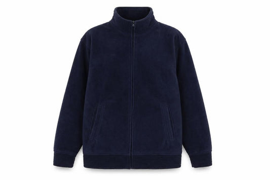 Front view of EWM women’s blue fleece jacket, size UK 10