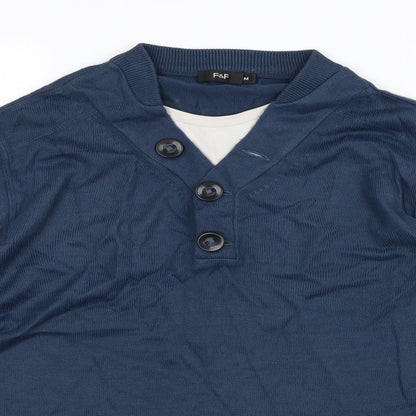 Close-up detail of F&F men’s blue knit jumper, size M