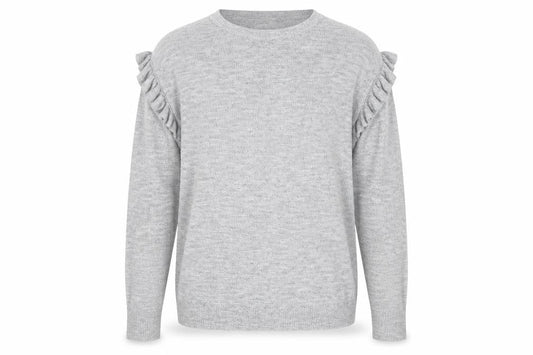 Front view of Papaya women’s grey jumper, size S, - ruffle sleeve