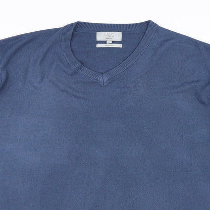 Close-up detail of Marks & Spencer men’s blue jumper, size L