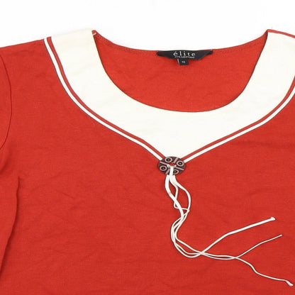 Close-up detail of Elite collection women’s red basic blouse, size UK 12
