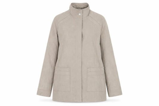 Front view of Gray Osbourn women’s beige overcoat coat, size UK 10