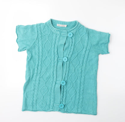 Additional front view of EWM women’s blue knit cardigan jumper, size UK 14