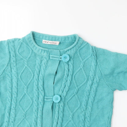 Close-up detail of EWM women’s blue knit cardigan jumper, size UK 14