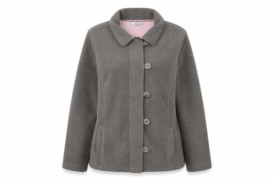 Front view of Special edition women’s grey fleece jacket, size UK 14