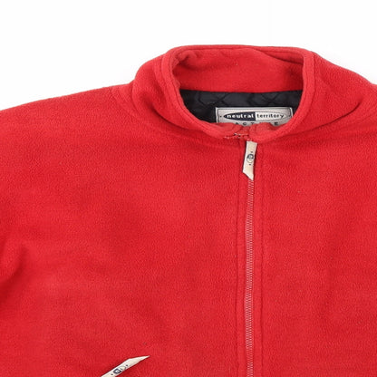 Close-up detail of Neutral Territory men’s red fleece jacket, size S