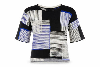 Front view of Next women’s black striped knit jumper, size UK 6