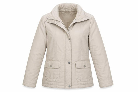 Front view of Classics women’s beige jacket coat, size S