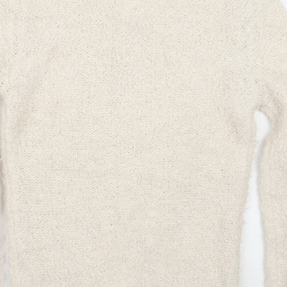Brand and care label for New Look women’s white jumper, size UK 8
