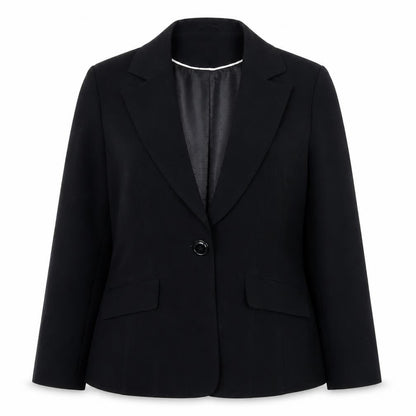 Front view of EWM women’s black jacket suit jacket, size UK 14