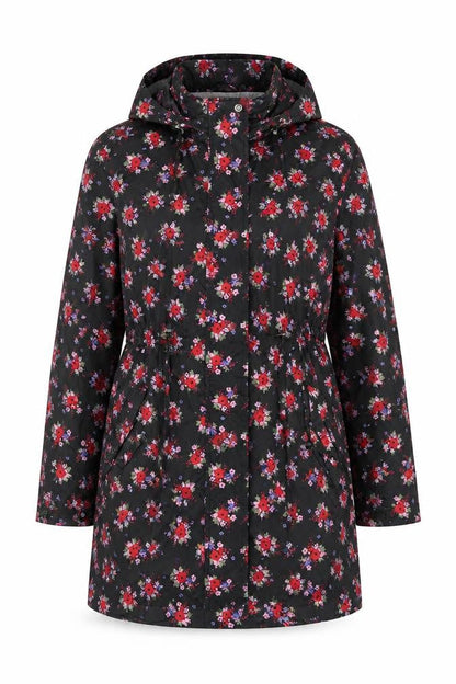 Front view of Tu women’s black floral anorak coat, size S