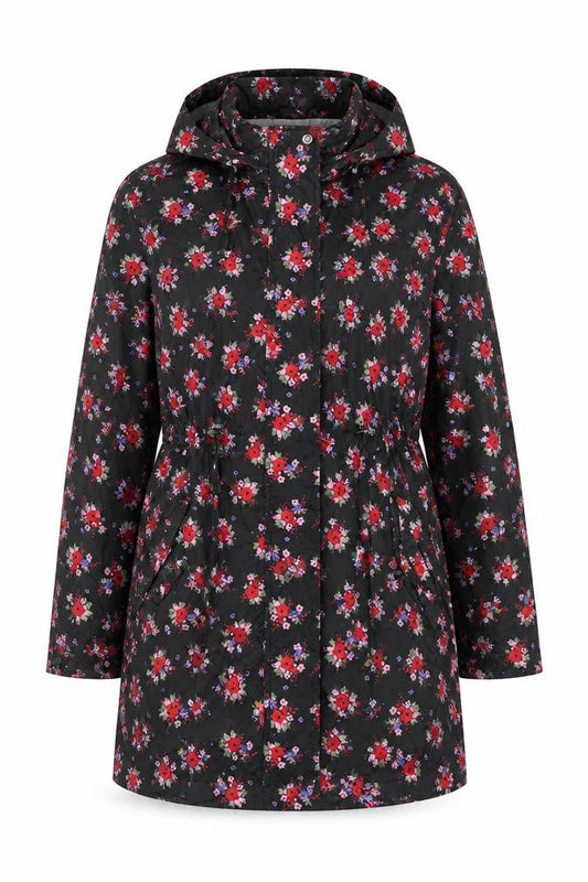 Front view of Tu women’s black floral anorak coat, size S