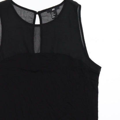 Close-up detail of H&M women’s black satin basic tank, size M