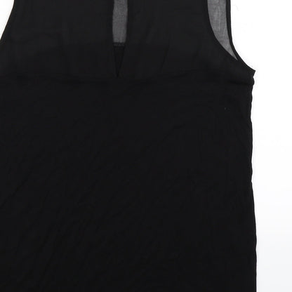 Brand and care label for H&M women’s black satin basic tank, size M