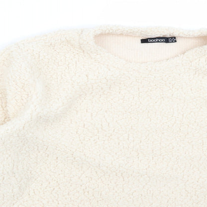 Close-up detail of Boohoo women’s ivory jumper, size UK 14