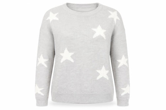 Front view of Brave Soul women’s grey knit jumper, size UK 12, - stars