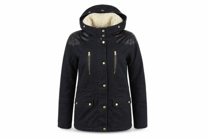 Front view of Topshop women’s black parka coat, size UK 8