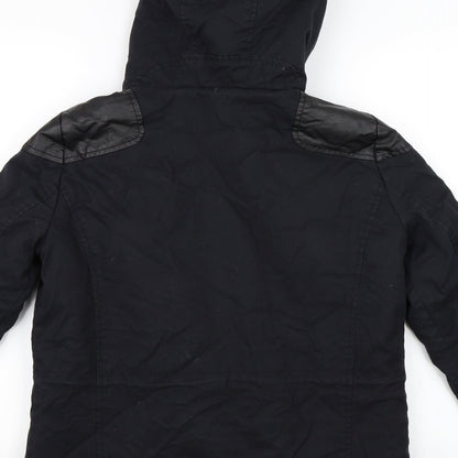 Brand and care label for Topshop women’s black parka coat, size UK 8
