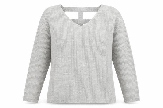 Front view of Atmosphere women’s grey knit jumper, size M, - open back