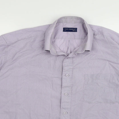 Close-up detail of Tom Hagan men’s purple check button-up, size 17