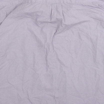 Brand and care label for Tom Hagan men’s purple check button-up, size 17