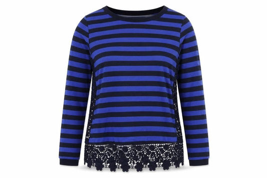Front view of Next women’s blue striped jumper, size UK 8