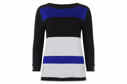 Front view of Papaya women’s blue striped jumper, size UK 8
