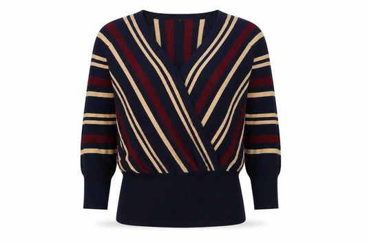 Front view of Oasis women’s blue striped knit jumper, size XS