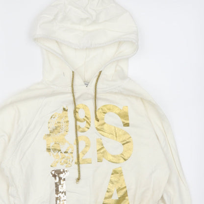 Close-up detail of Select women’s white pullover hoodie, size S, - la