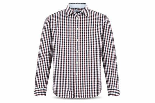Front view of MCNEAL men’s blue check button-up, size L