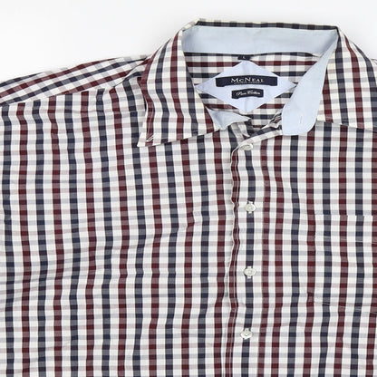 Close-up detail of MCNEAL men’s blue check button-up, size L