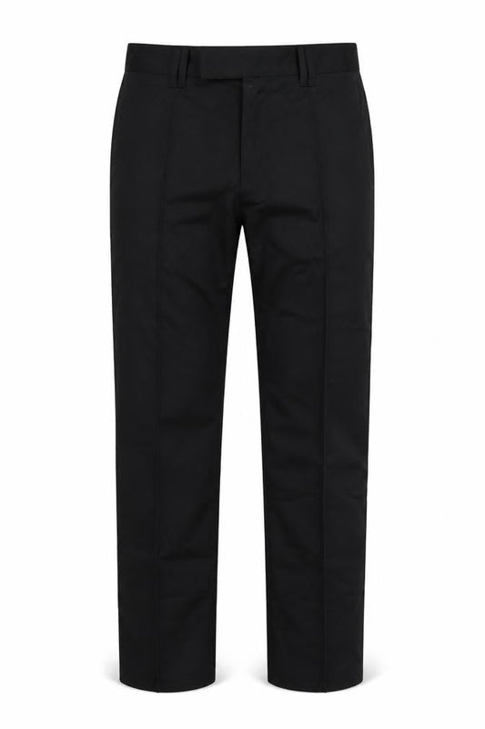 Front view of benchwork men’s black trousers, size 32, 31-inch leg