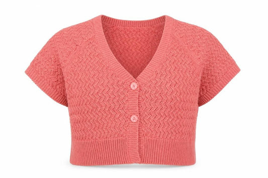 Front view of Bonmarché women’s pink geometric cardigan jumper, size UK 14