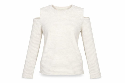 Front view of Primark women’s beige striped jumper, size UK 6
