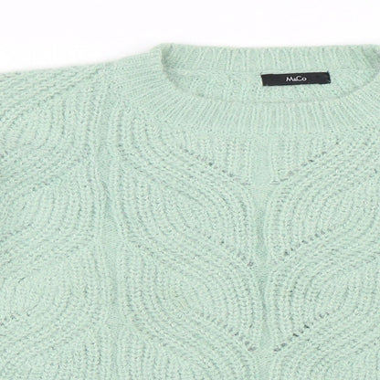 Close-up detail of M&Co women’s green jumper, size UK 10