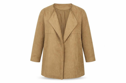 Front view of H&M women’s beige jacket, size UK 8, - suede effect
